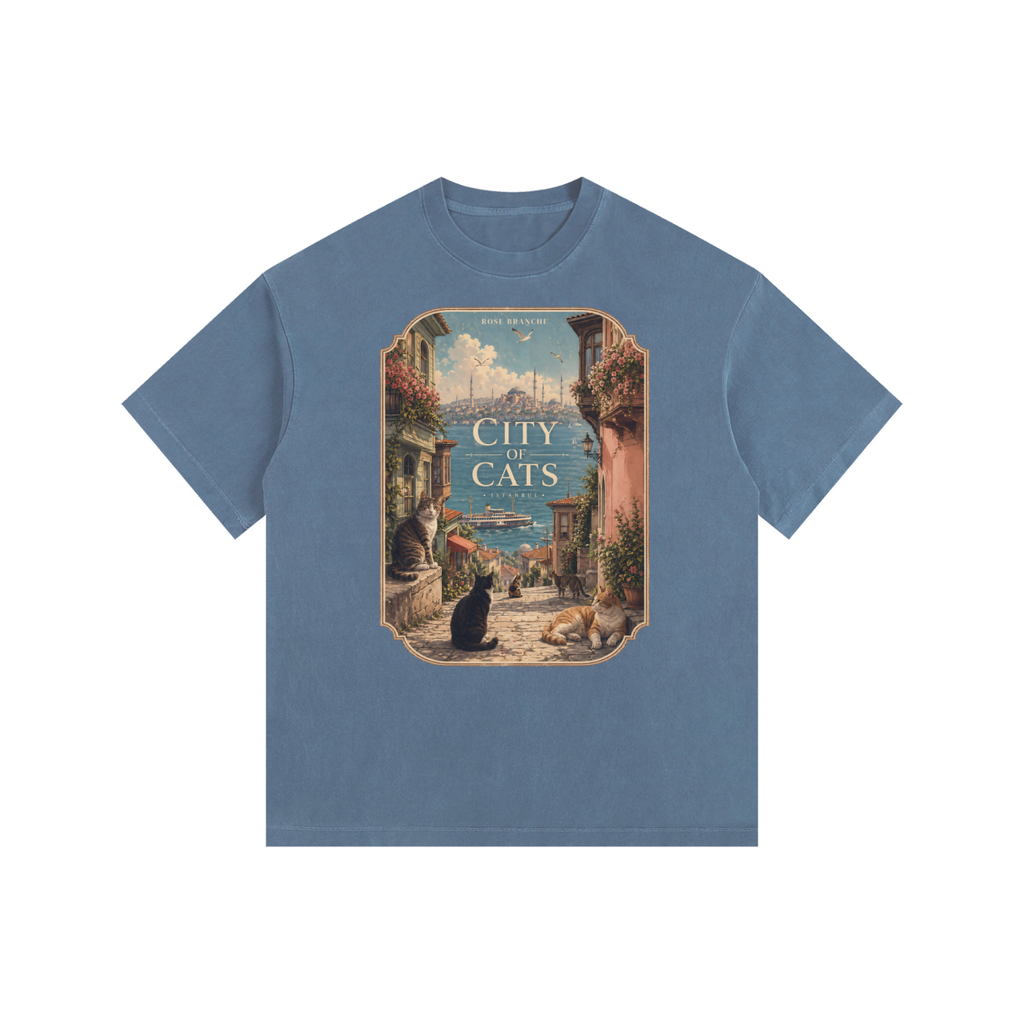 City of Cats Vintage Washed Oversized T-Shirt – Blue